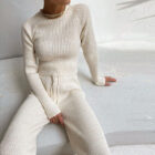 Rib Knit Long Sleeve Two Piece Casual Women Sweater Set Wide Leg custom women knitwear OEM ODM manufacturer