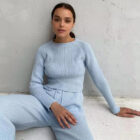Rib Knit Long Sleeve Two Piece Casual Women Sweater Set Wide Leg custom women knitwear OEM ODM manufacturer
