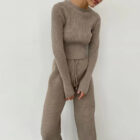 Rib Knit Long Sleeve Two Piece Casual Women Sweater Set Wide Leg custom women knitwear OEM ODM manufacturer