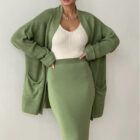 Women Vintage V Neck Cardigan Midi Skirt Vest 3 Piece Knit Set custom women knitwear OEM ODM manufacturer