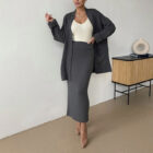 Women Vintage V Neck Cardigan Midi Skirt Vest 3 Piece Knit Set custom women knitwear OEM ODM manufacturer
