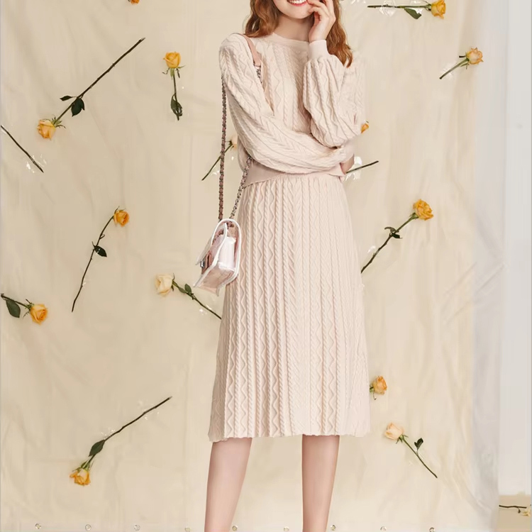 Custom High Quality Winter Women Sweater Set Cable Knit Two Piece Skirt - Image 1 High Quality Winter Women Sweater Set Cable Knit Two Piece Skirt custom women knitwear OEM ODM manufacturer