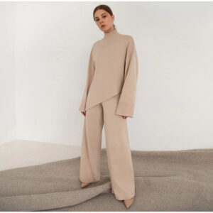 Asymmetric Turtleneck Knit Sweater Set Women Wide Leg custom women knitwear OEM ODM manufacturer