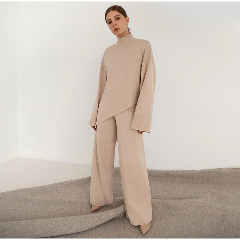 Custom Asymmetric Turtleneck Knit Sweater Set Women Wide Leg - Image 1 Asymmetric Turtleneck Knit Sweater Set Women Wide Leg custom women knitwear OEM ODM manufacturer