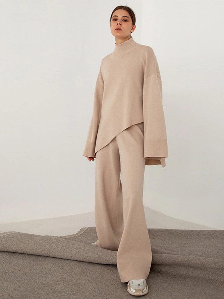 Asymmetric Turtleneck Knit Sweater Set Women Wide Leg custom women knitwear OEM ODM manufacturer
