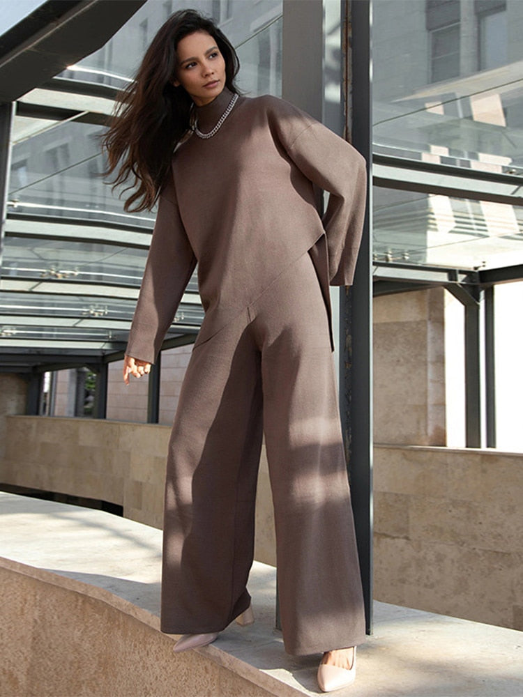 Asymmetric Turtleneck Knit Sweater Set Women Wide Leg custom women knitwear OEM ODM manufacturer
