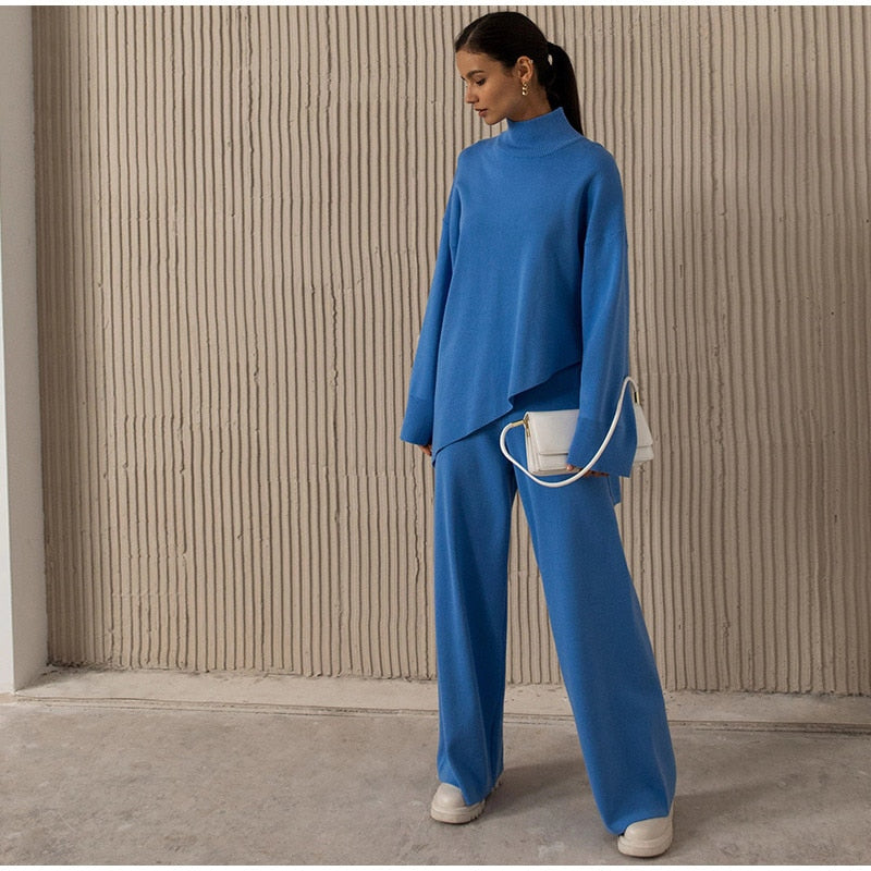 Asymmetric Turtleneck Knit Sweater Set Women Wide Leg custom women knitwear OEM ODM manufacturer