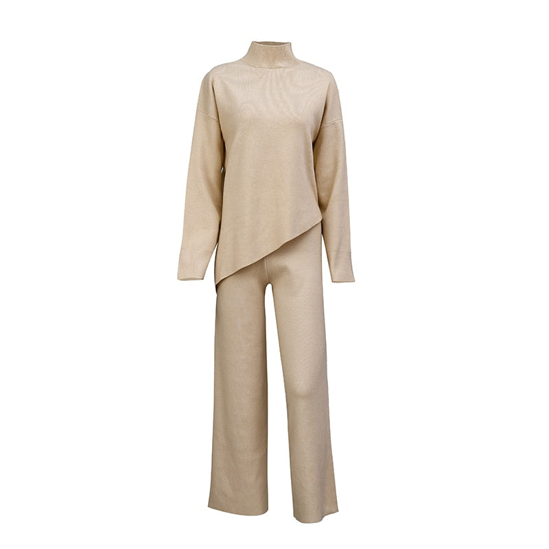 Asymmetric Turtleneck Knit Sweater Set Women Wide Leg custom women knitwear OEM ODM manufacturer