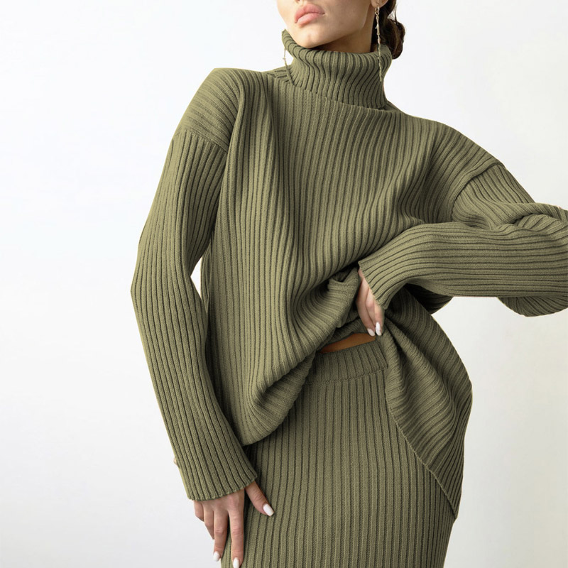 Custom Turtleneck Knit Sweater Set Women Midi Skirt - Image 1 Turtleneck Knit Sweater Set Women Midi Skirt custom women knitwear OEM ODM manufacturer