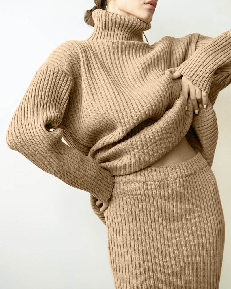 Turtleneck Knit Sweater Set Women Midi Skirt custom women knitwear OEM ODM manufacturer