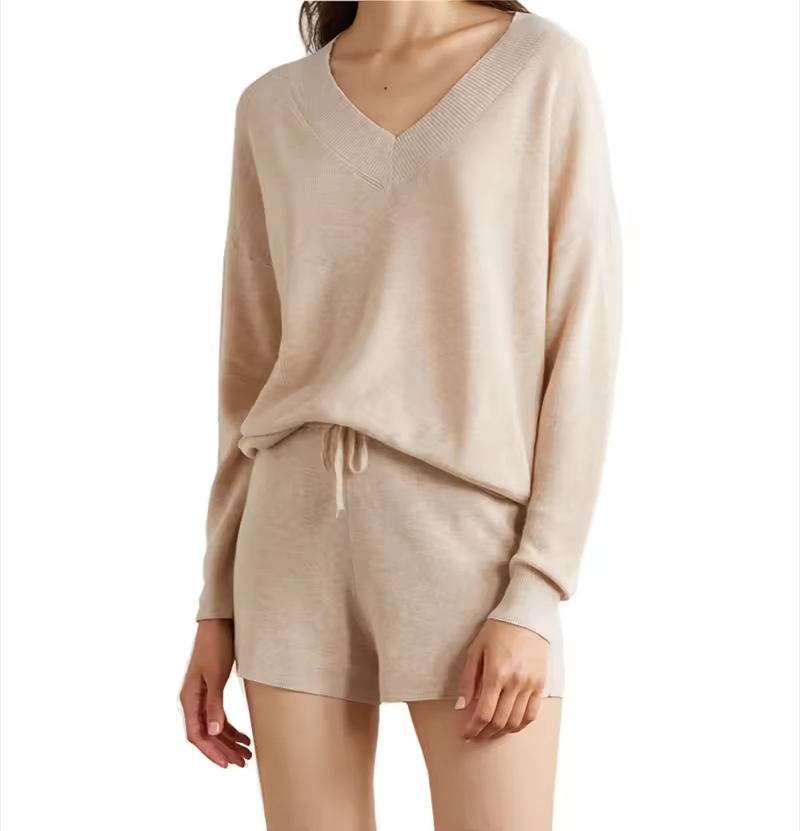 Custom V Neck Cashmere Knit Sweater Set Women Shorts - Image 1 V Neck Cashmere Knit Sweater Set Women Shorts custom women knitwear OEM ODM manufacturer