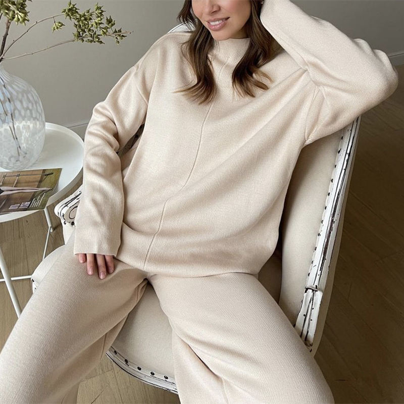 Custom Split Top Knit Sweater Set Women Long Pants - Image 1 Split Top Knit Sweater Set Women Long Pants custom women knitwear OEM ODM manufacturer