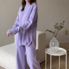 Split Top Knit Sweater Set Women Long Pants custom women knitwear OEM ODM manufacturer
