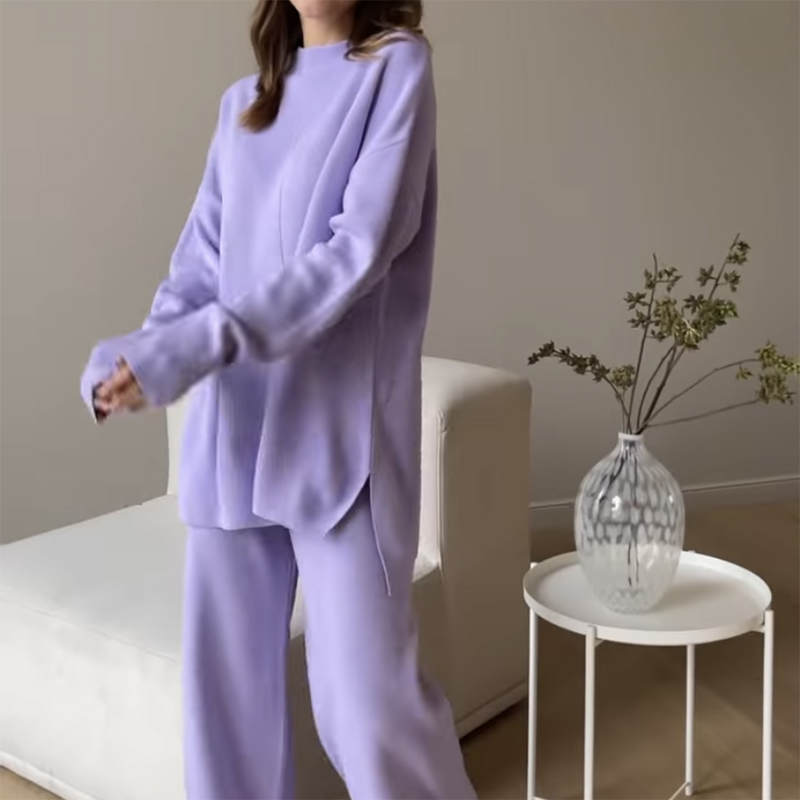 Split Top Knit Sweater Set Women Long Pants custom women knitwear OEM ODM manufacturer