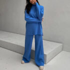 Split Top Knit Sweater Set Women Long Pants custom women knitwear OEM ODM manufacturer