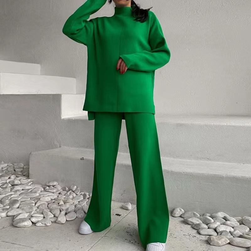 Split Top Knit Sweater Set Women Long Pants custom women knitwear OEM ODM manufacturer