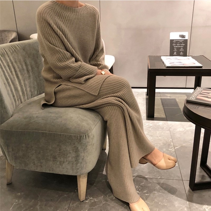 Custom Logo Knit Sweater Set Women Top Trousers 2 Piece - Image 1 Logo Knit Sweater Set Women Top Trousers 2 Piece custom women knitwear OEM ODM manufacturer