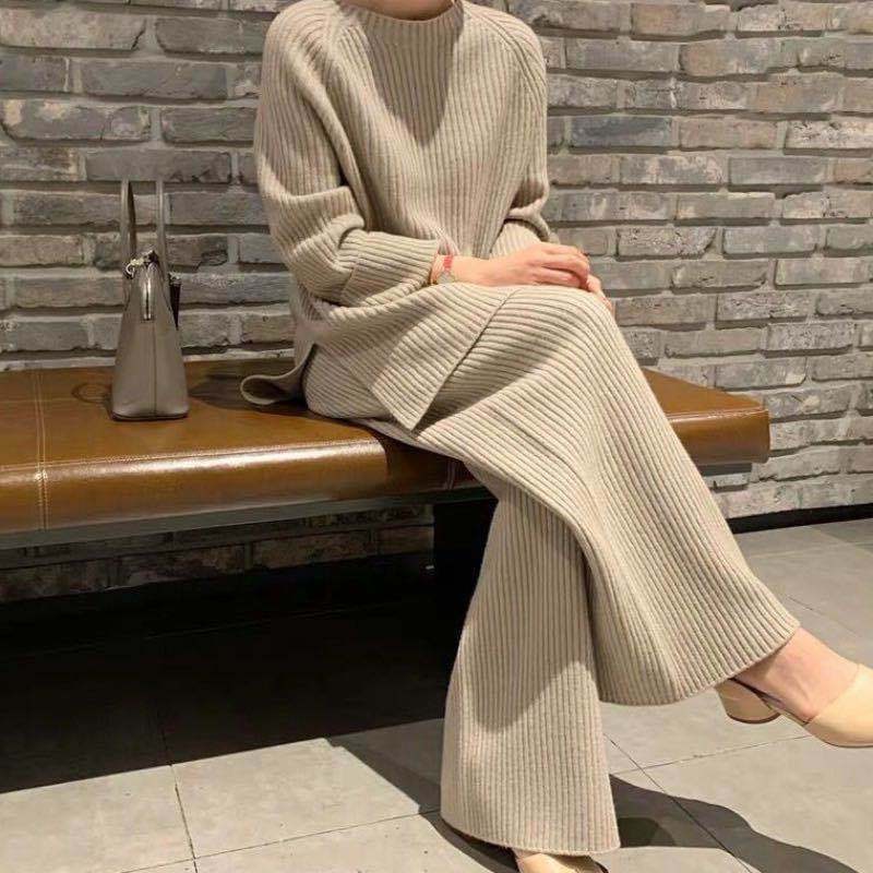 Logo Knit Sweater Set Women Top Trousers 2 Piece custom women knitwear OEM ODM manufacturer