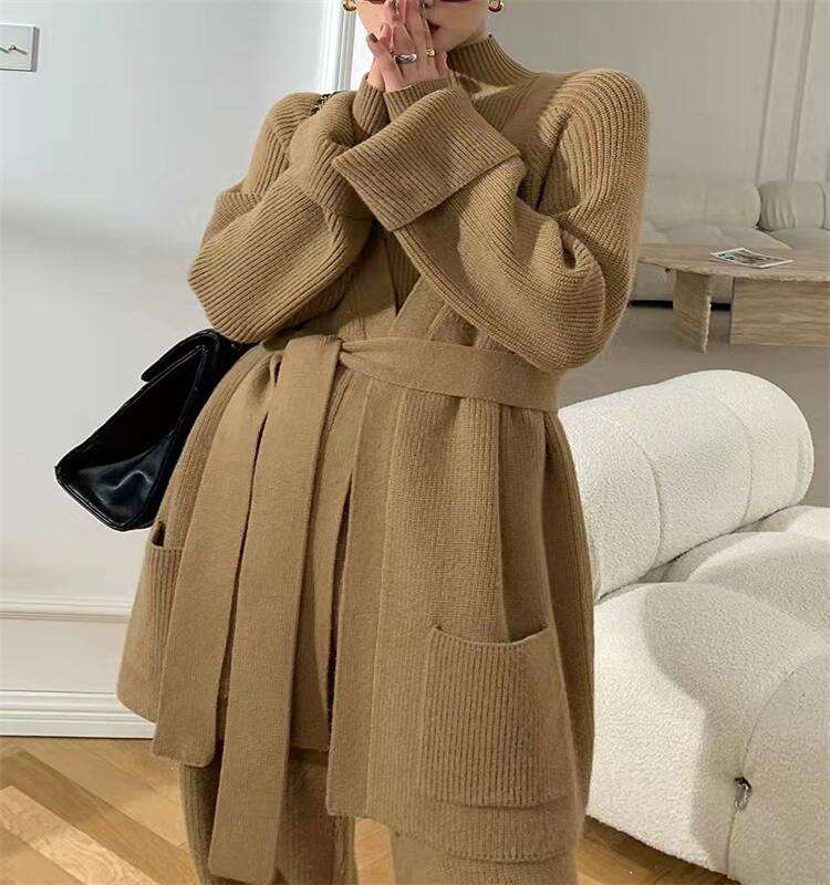 Custom 3 Piece Knit Sweater Set Women Cardigan Pants - Image 1 3 Piece Knit Sweater Set Women Cardigan Pants custom women knitwear OEM ODM manufacturer