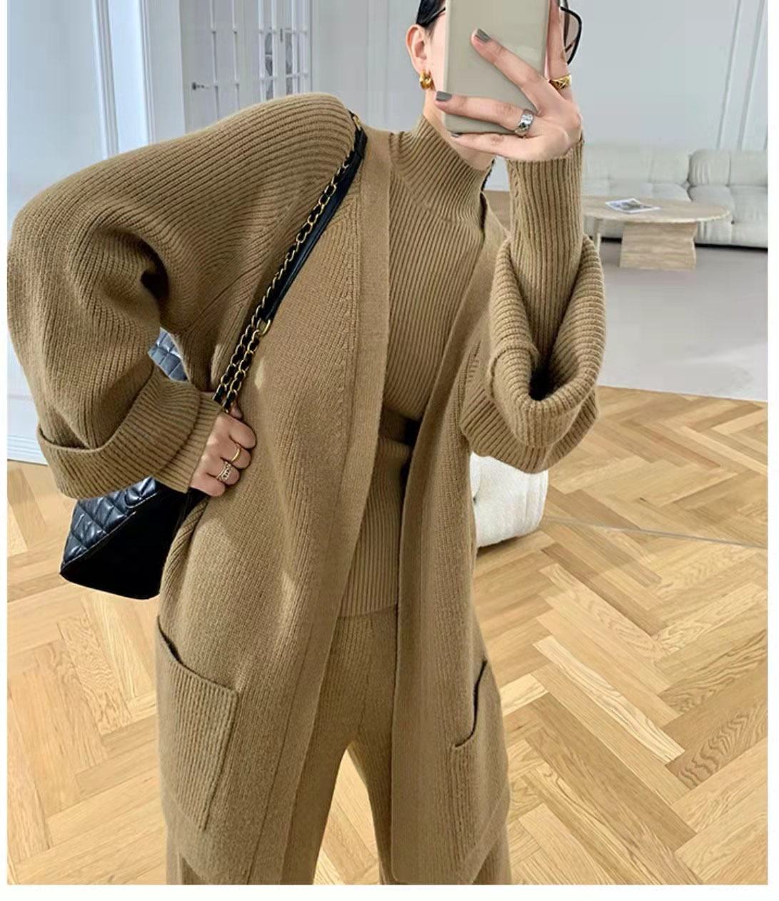3 Piece Knit Sweater Set Women Cardigan Pants custom women knitwear OEM ODM manufacturer