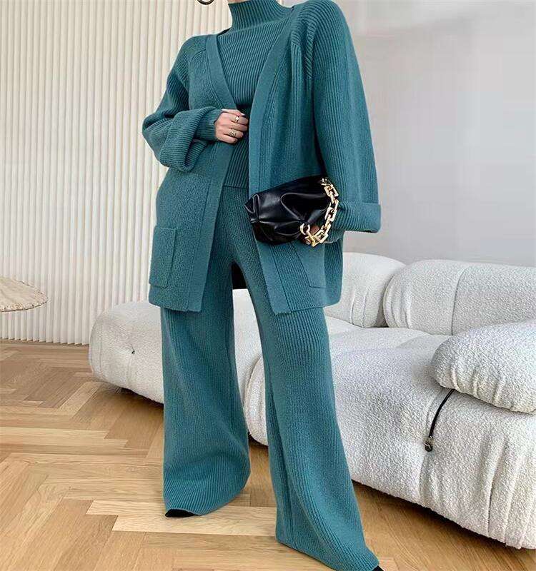 3 Piece Knit Sweater Set Women Cardigan Pants custom women knitwear OEM ODM manufacturer