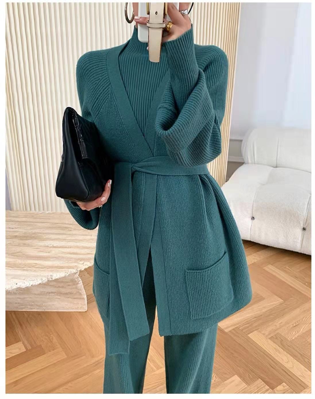 3 Piece Knit Sweater Set Women Cardigan Pants custom women knitwear OEM ODM manufacturer
