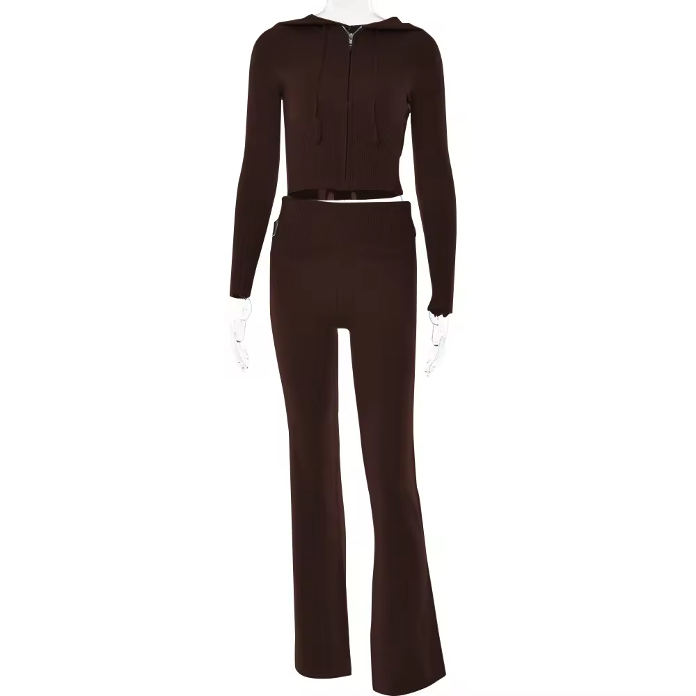 Zip Hoodie Knit Sweater Set Women Flare Pants custom women knitwear OEM ODM manufacturer
