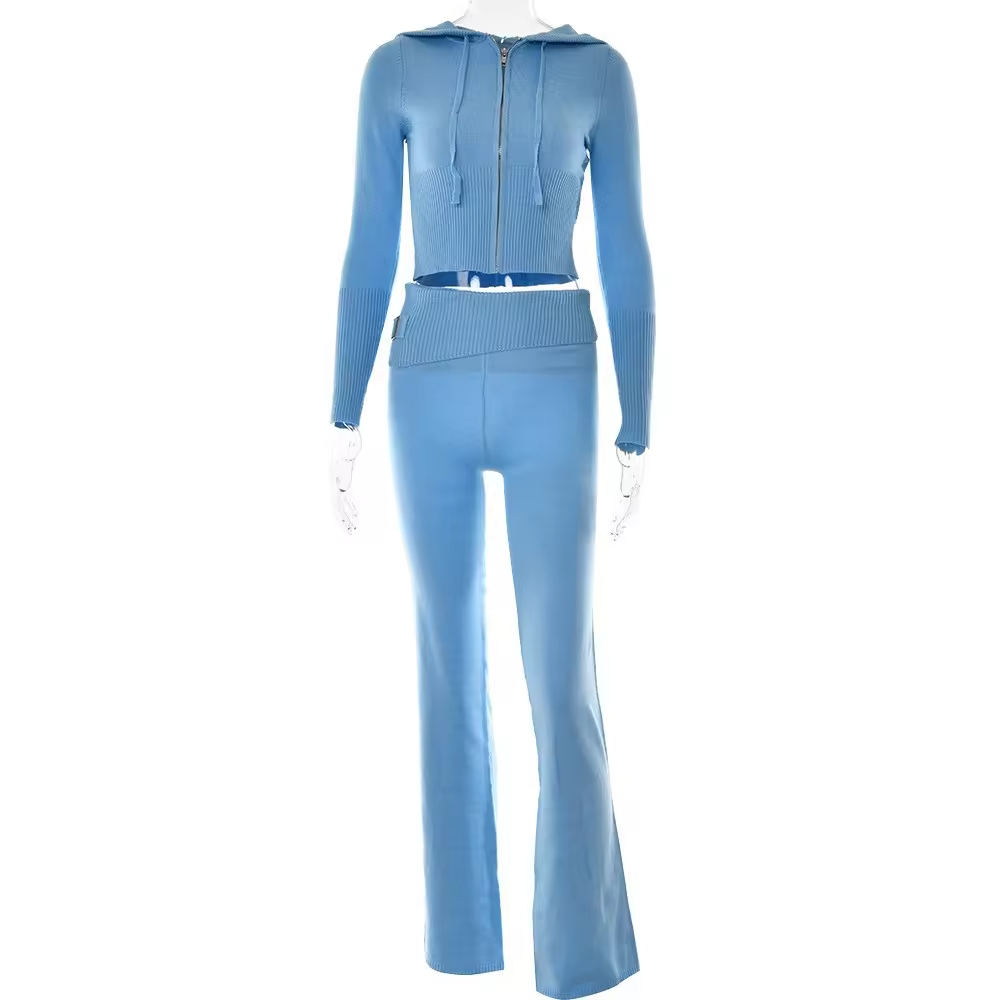Zip Hoodie Knit Sweater Set Women Flare Pants custom women knitwear OEM ODM manufacturer