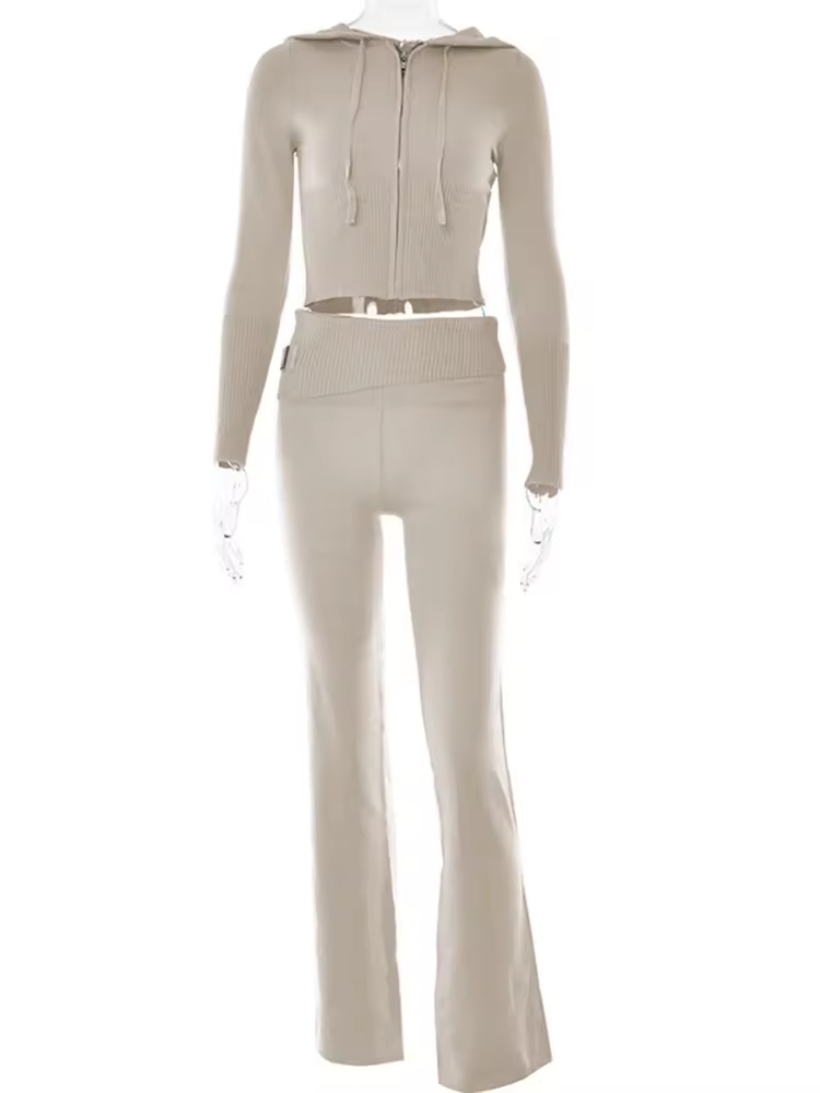 Zip Hoodie Knit Sweater Set Women Flare Pants custom women knitwear OEM ODM manufacturer