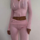 Zip Hoodie Knit Sweater Set Women Flare Pants custom women knitwear OEM ODM manufacturer