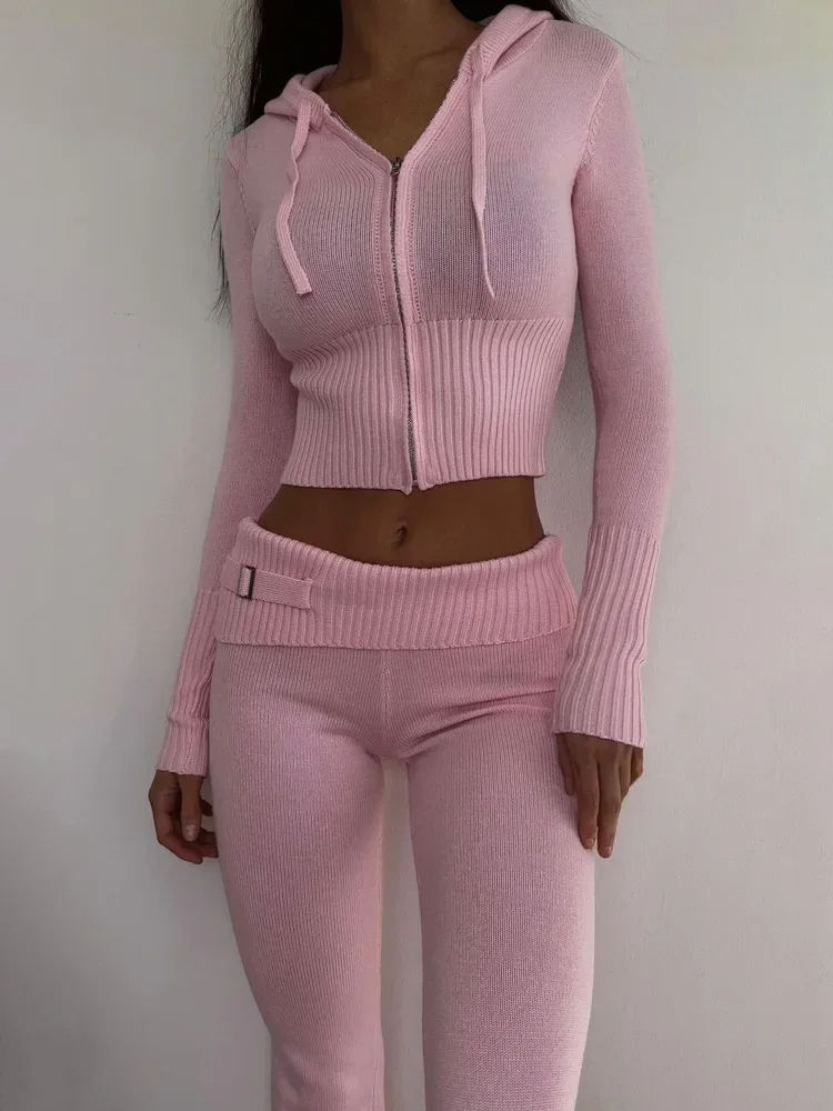 Zip Hoodie Knit Sweater Set Women Flare Pants custom women knitwear OEM ODM manufacturer