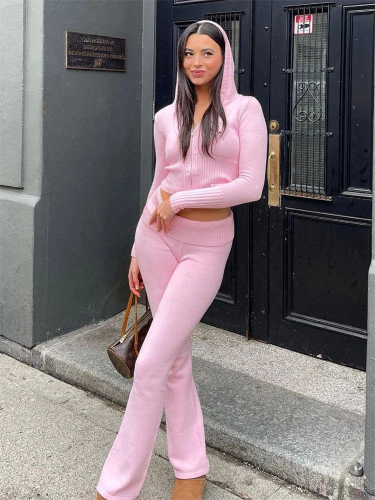 Zip Hoodie Knit Sweater Set Women Flare Pants custom women knitwear OEM ODM manufacturer