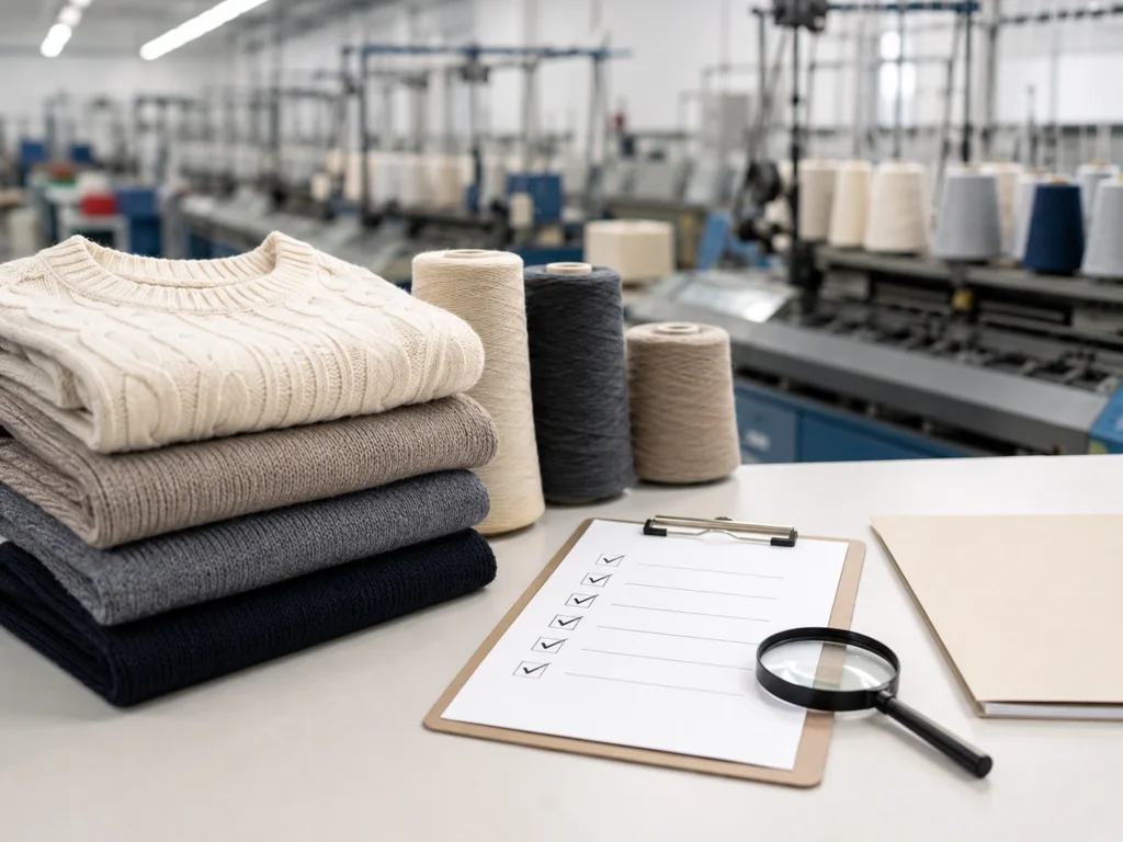 Sweater factory certification verification with knitwear, yarn cones and inspection checklist