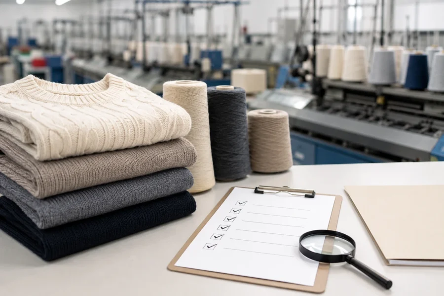 Sweater factory certification verification with knitwear, yarn cones and inspection checklist