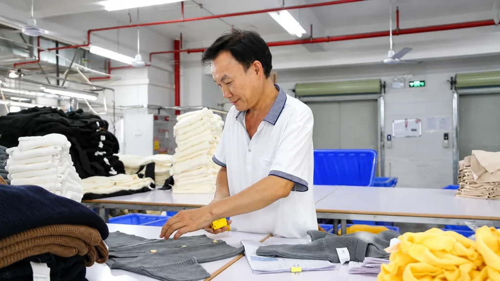 Factory quality control worker measuring a knitted sweater to verify size consistency before shipment.