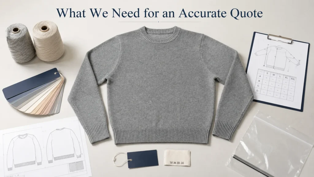 Flat lay cover image of a grey sweater with yarn cones, color swatches, tech pack sketches, size chart, hang tag, care label, and packaging bag, illustrating the information needed for an accurate custom sweater quote.