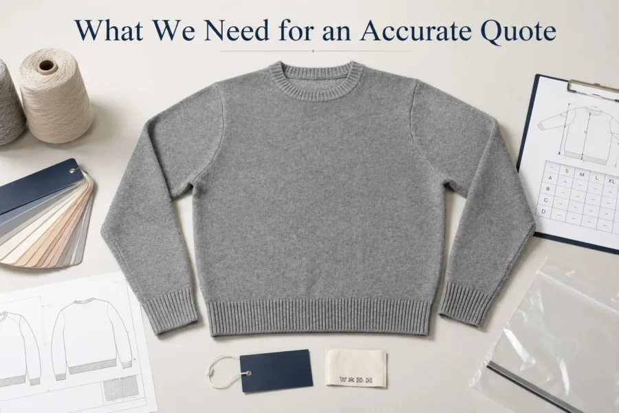 Flat lay cover image of a grey sweater with yarn cones, color swatches, tech pack sketches, size chart, hang tag, care label, and packaging bag, illustrating the information needed for an accurate custom sweater quote.