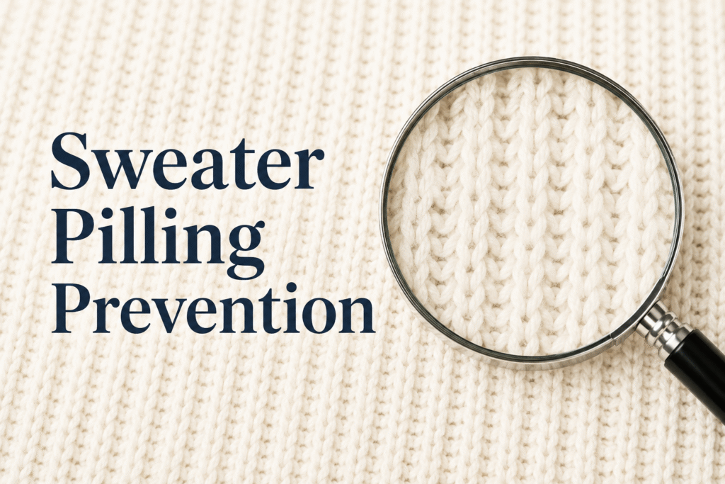 Sweater pilling prevention guide showing a close-up knit texture and magnifying glass highlighting yarn structure in knitwear production.