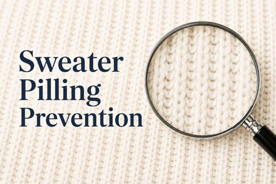 Sweater pilling prevention guide showing a close-up knit texture and magnifying glass highlighting yarn structure in knitwear production.
