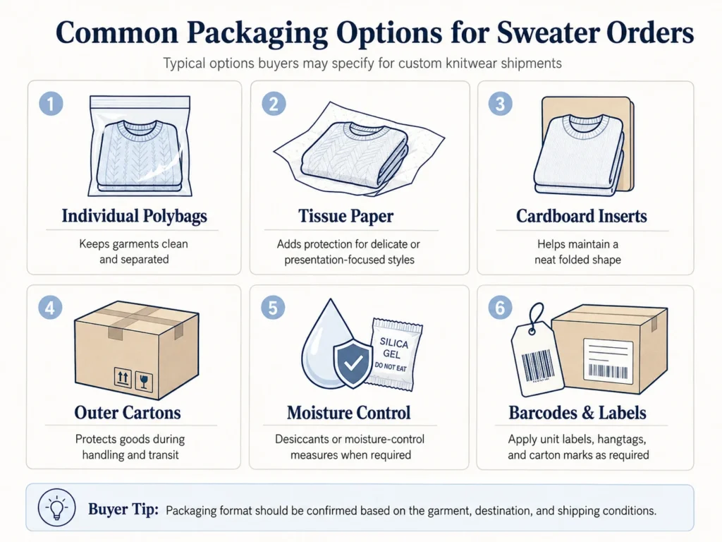 Common packaging options for sweater orders including polybags, tissue paper, cardboard inserts, cartons, moisture control, and labels