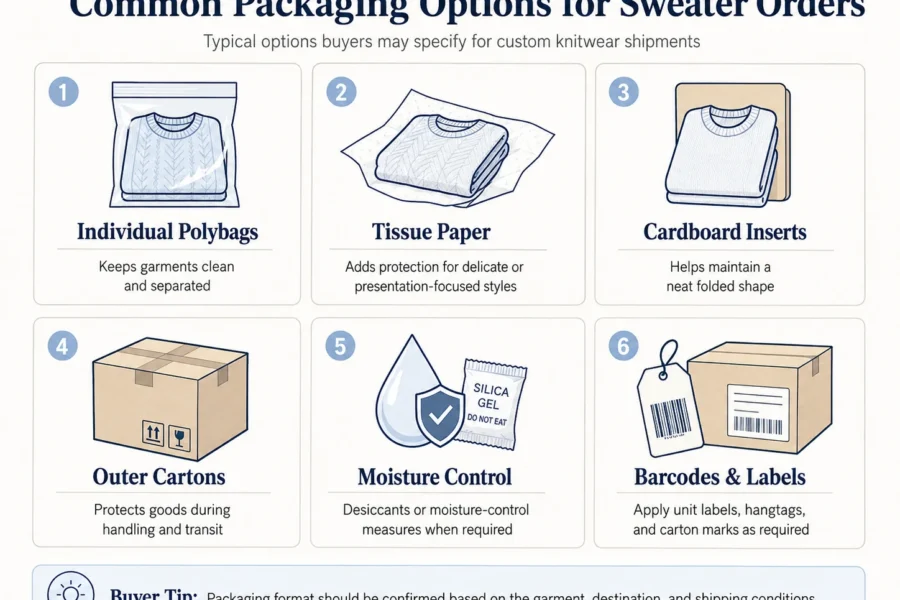 Common packaging options for sweater orders including polybags, tissue paper, cardboard inserts, cartons, moisture control, and labels