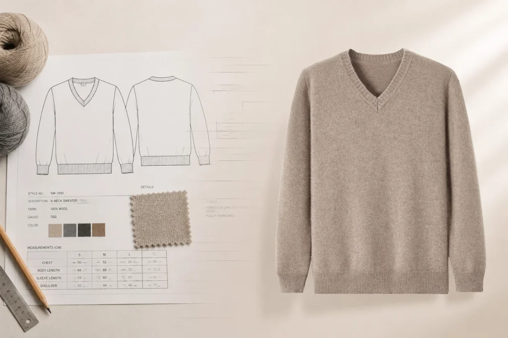 Custom sweater production from technical design and yarn selection to a finished wool V-neck sweater.