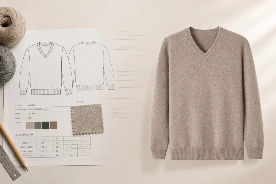 Custom sweater production from technical design and yarn selection to a finished wool V-neck sweater.