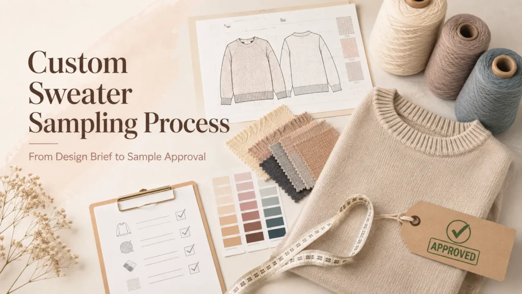 Custom sweater sampling process from design brief, yarn and color selection to sample measurement, review and approval.