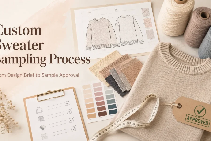 Custom sweater sampling process from design brief, yarn and color selection to sample measurement, review and approval.