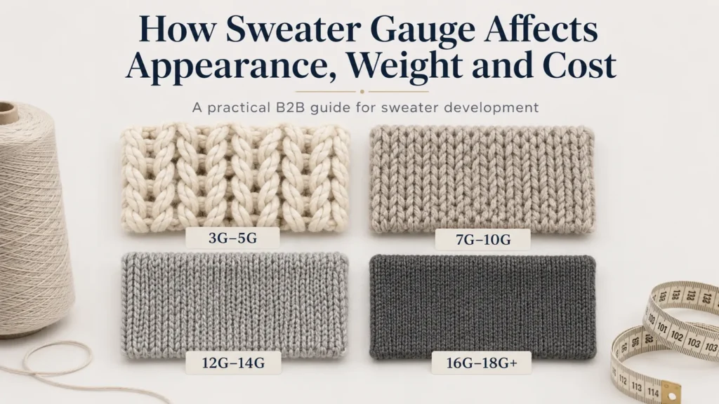Sweater gauge comparison showing 3G–5G, 7G–10G, 12G–14G and 16G–18G+ knit textures for a B2B sweater development guide