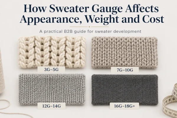 Sweater gauge comparison showing 3G–5G, 7G–10G, 12G–14G and 16G–18G+ knit textures for a B2B sweater development guide