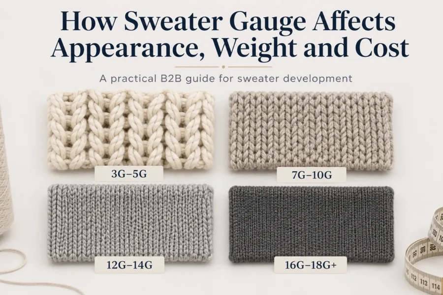 Sweater gauge comparison showing 3G–5G, 7G–10G, 12G–14G and 16G–18G+ knit textures for a B2B sweater development guide