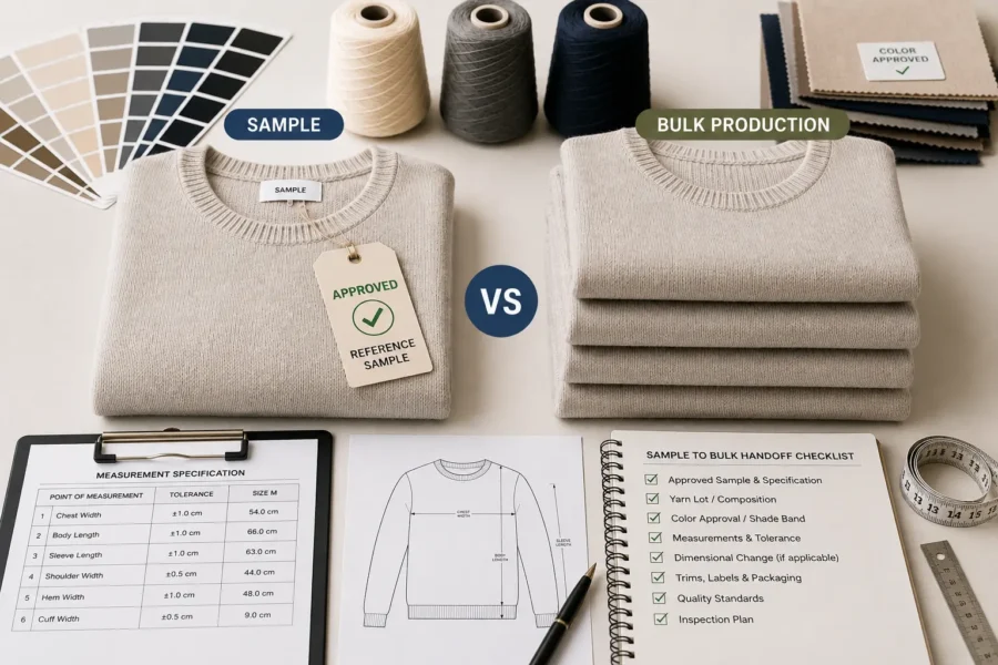 Sweater sample compared with bulk production using approved reference, measurement specification, color check and handoff checklist.