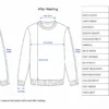 Sweater shrinkage test infographic showing before and after washing measurement points with a sweater size chart.